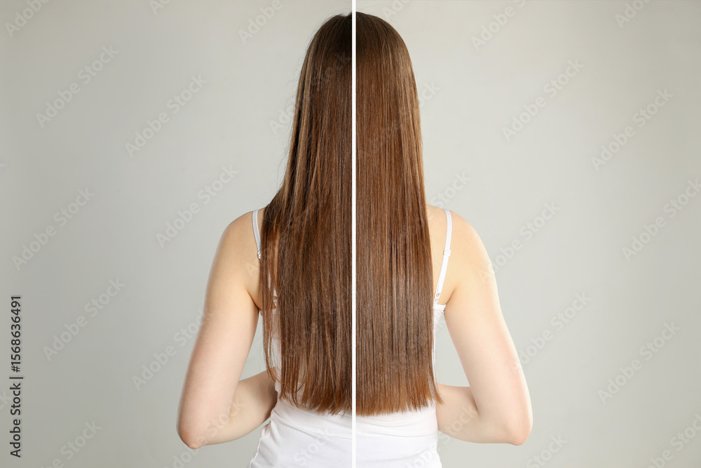 Obraz premium Hair combing, straightening. Woman showing hairstyle before and after different procedures on light grey background, back view. Photo divided in halves