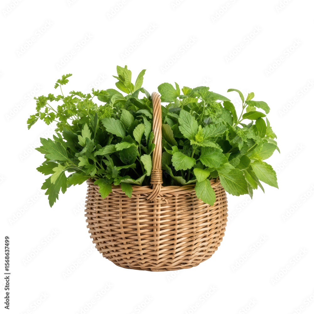 A natural wicker basket overflows with a vibrant assortment of freshly harvested green herbs like parsley and mint, ideal for cooking and healthy living. A natural wicker basket overflows with a vibrant assortment of freshly harvested green herbs like parsley and mint, ideal for cooking and healthy living.