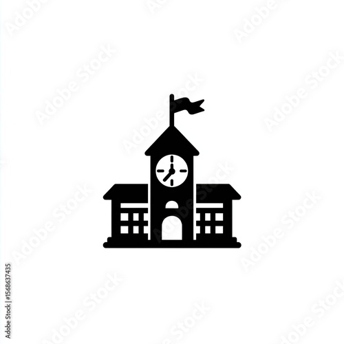 Black Silhouette of a School Building with Clock Tower and Flag