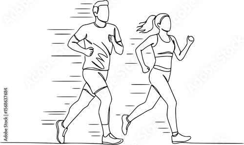 Running man and woman, isolated vector illustration in continuous line drawing style. Run, side view. Silhouettes of athletic looking male and female runners running. EPS 10 version.