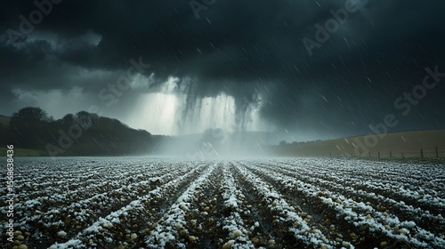 A field of crops endures a heavy storm. Rain and hail obscure the background hills under dark storm clouds, emphasizing the power of nature. Weather theme, isolation.