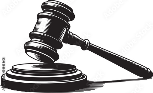  judge's gavel and sound block silhouette, black and white legal symbol of justice, law, and courtroom authority