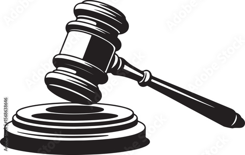  judge's gavel and sound block silhouette, black and white legal symbol of justice, law, and courtroom authority