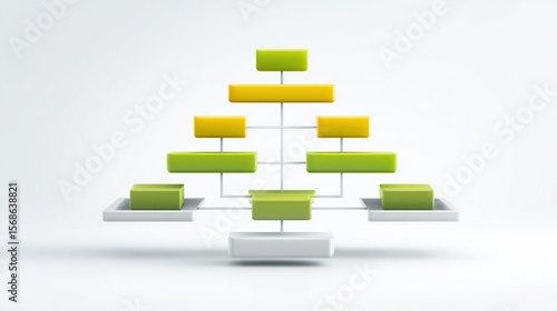 A 3D hierarchical chart, featuring interconnected,  color-coded rectangular blocks on white platforms