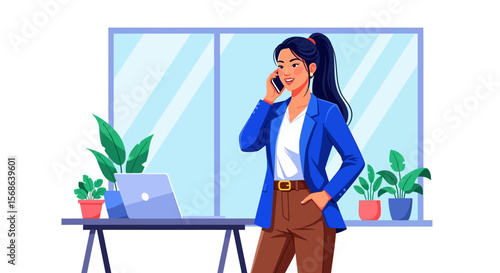 Professional Woman on a Phone Call in a Modern Office Setting.