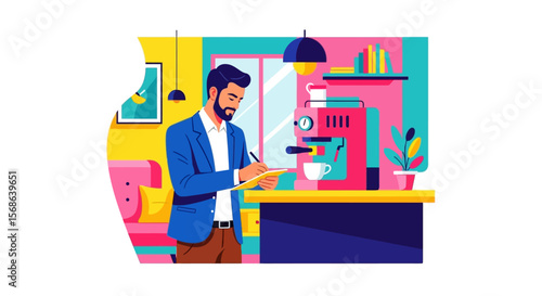 Stylishly dressed man writing on a notepad near a vibrant coffee machine.