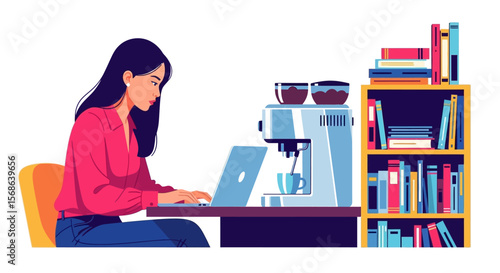 Woman working on laptop with coffee machine and bookshelf.