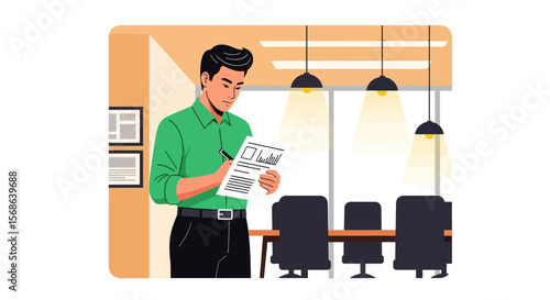 Focused Businessman Reviewing Documents in Modern Office.