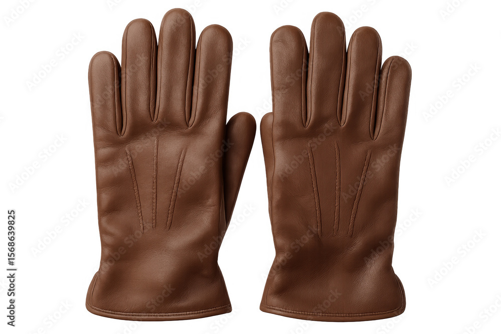 Obraz premium Luxurious brown leather gloves featuring soft texture, providing sophisticated warmth against minimalist transparent backdrop