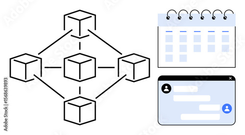 Flowing blockchain structure with interlinked cubes, calendar layout, and chat interface. Ideal for technology, scheduling, communication, blockchain concepts, digital systems, workflow simple