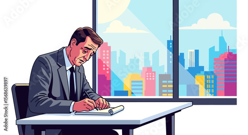 Pensive Businessman Writing in Office with City View.
