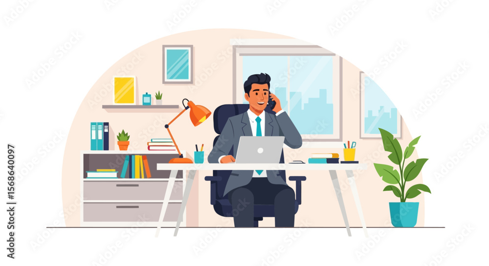 Naklejka premium Smiling businessman in grey suit talking on phone while working on laptop.