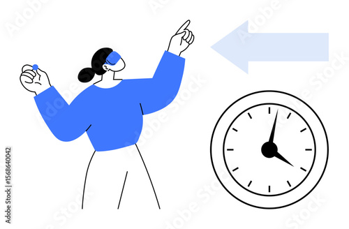 Woman raising arm towards arrow beside clock signifies goal setting and time focus. Ideal for time management, productivity, planning, decision-making, efficiency, scheduling, growth. Simple flat