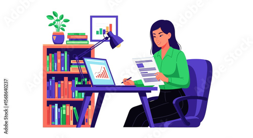 Focused Woman Analyzing Data at a Home Office.