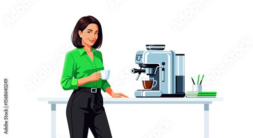 Smiling woman with coffee cup stands near espresso machine on white table.