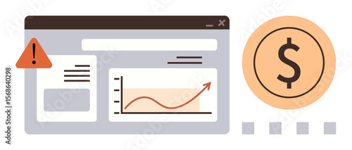Financial analytics interface with alert symbol, rising graph, and dollar sign circle. Ideal for finance, warning, data review, investment, risk management, profitability simple flat metaphor