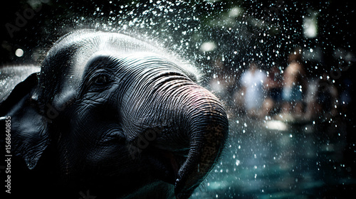 Elephant Wildlife Nature Closeup Profile Splash Spray Water Eye Large Grey Mammal Behavior Happy Expressive Droplets Scene Outdoors Beauty Tropical Habitat Reserve Sunlight Journey