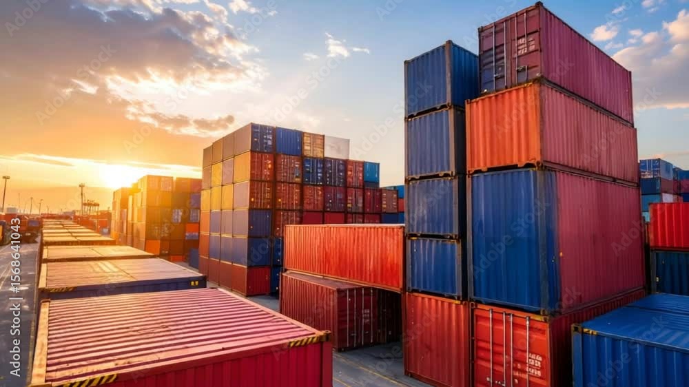 Shipping containers at sunset port