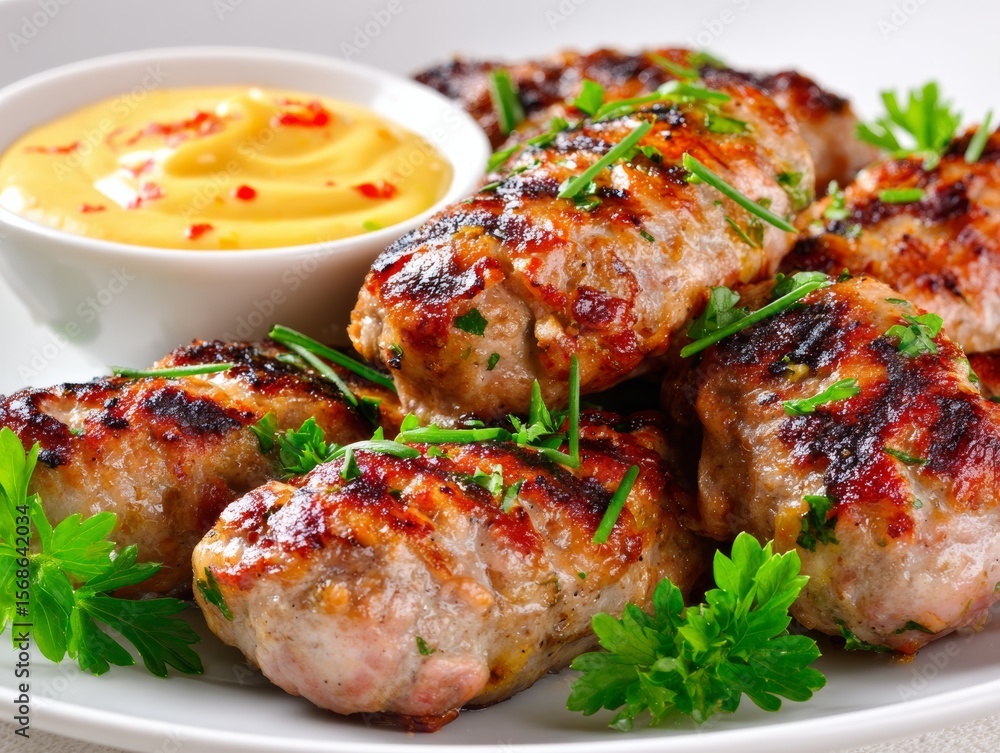 Delicious grilled meatballs with spicy mustard sauce garnish Delicious grilled meatballs with spicy mustard sauce garnish