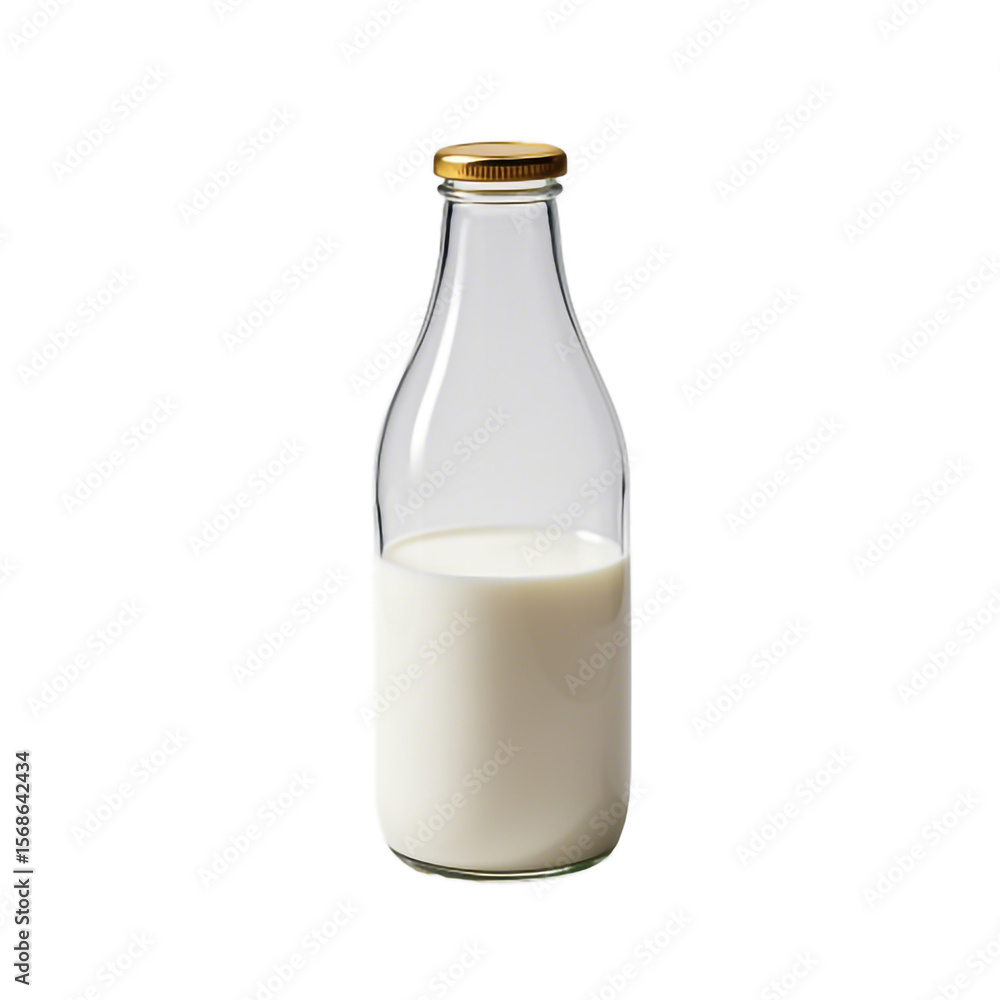 A glass bottle filled with milk on a white or transparent background. A glass bottle filled with milk on a white or transparent background.