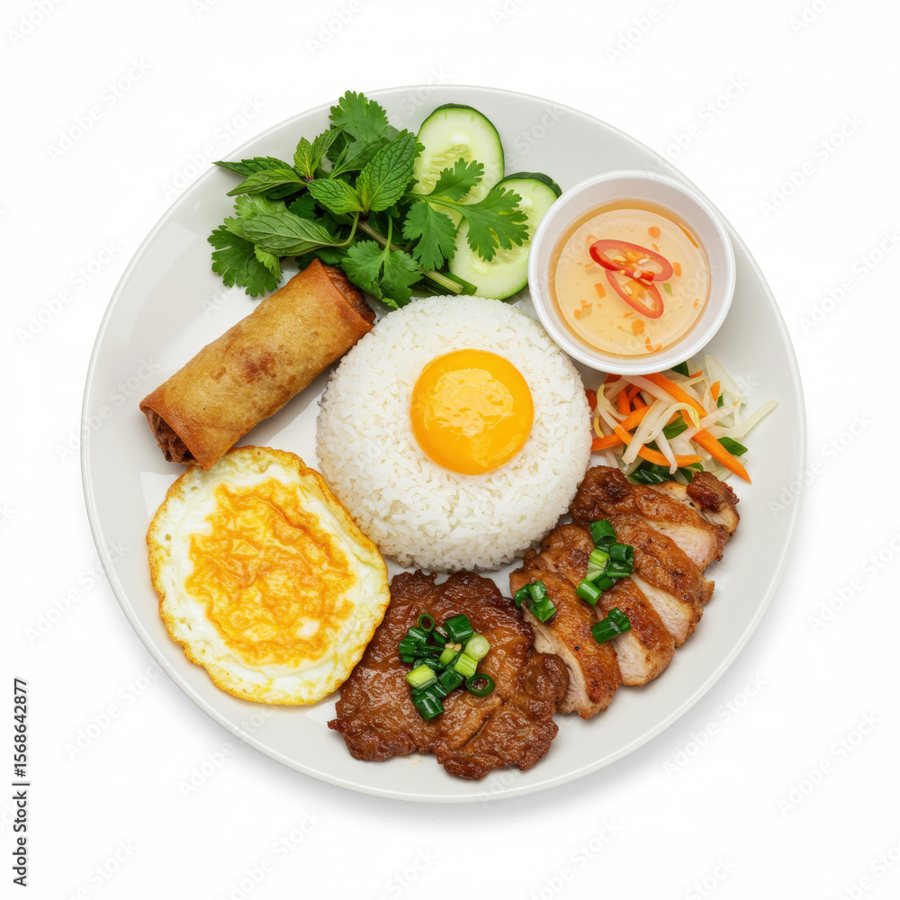 A delicious Vietnamese rice plate, featuring rice, grilled meat, fried egg, spring roll, fresh herbs, and various side dishe isolated on white A delicious Vietnamese rice plate, featuring rice, grilled meat, fried egg, spring roll, fresh herbs, and various side dishe isolated on white