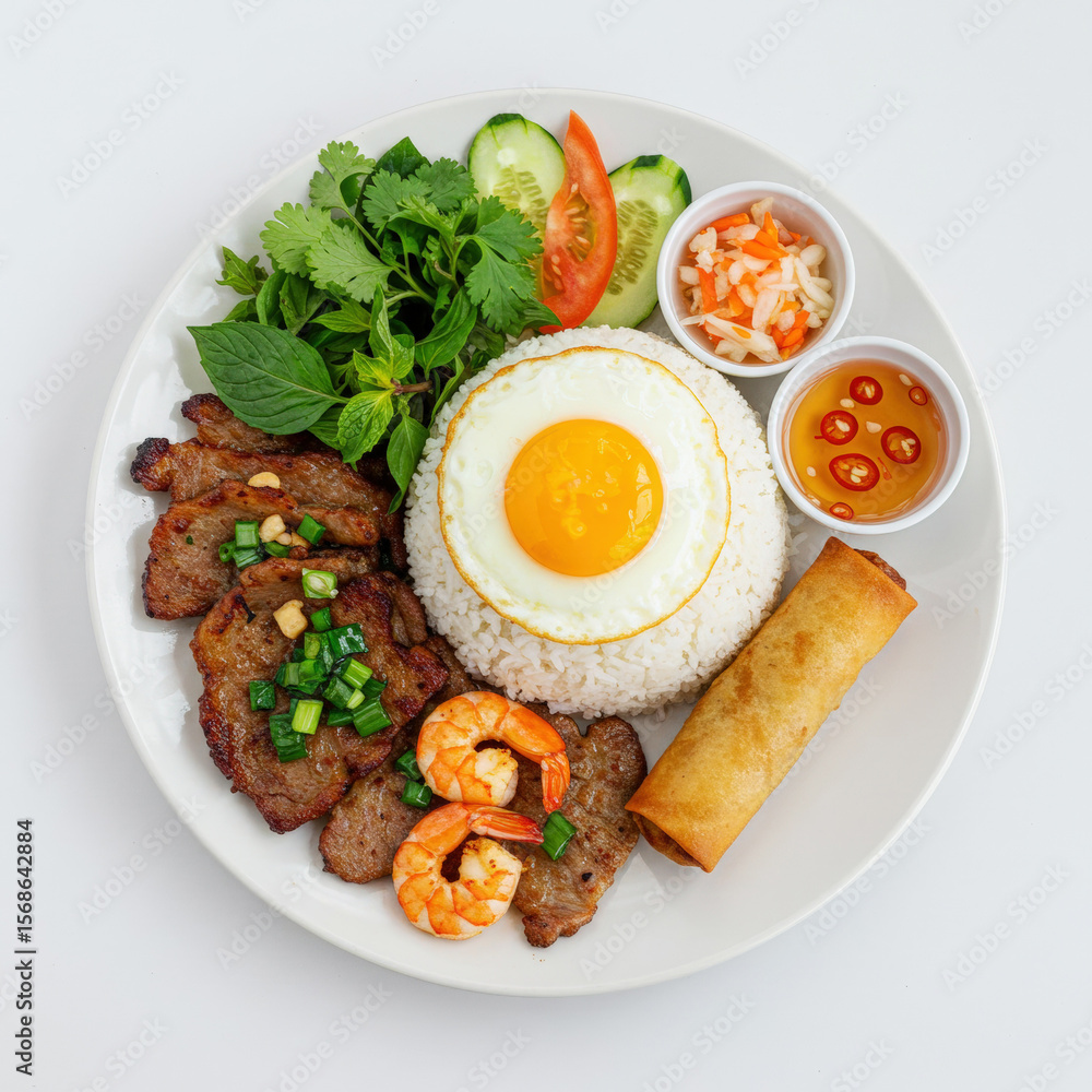 A delicious Vietnamese rice plate, featuring rice, grilled meat, fried egg, spring roll, fresh herbs, and various side dishe isolated on white A delicious Vietnamese rice plate, featuring rice, grilled meat, fried egg, spring roll, fresh herbs, and various side dishe isolated on white