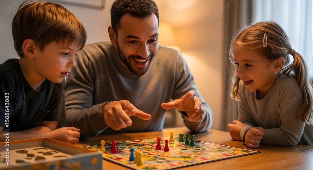 Fototapeta premium Father and two happy children enthusiastically playing a colorful board game together at a wooden table