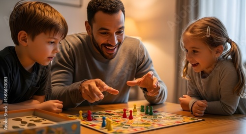 Father and two happy children enthusiastically playing a colorful board game together at a wooden table
