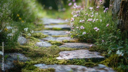 Serene Stone Path, Mossy Garden Walkway, Blooming Flowers