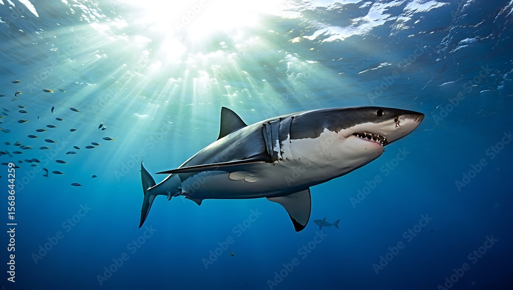 Fototapeta premium Majestic Great White Shark Ocean Predator in Sunlit Depths