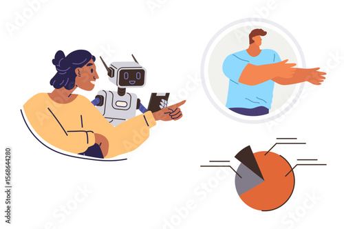 Woman pointing to robot, abstract figure, and pie chart, symbolizing AI integration, teamwork, data analysis. Ideal for technology, innovation, collaboration AI analytics education research