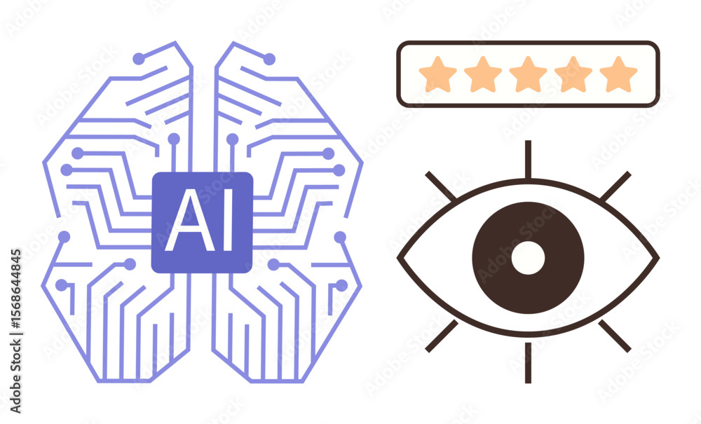 Obraz premium AI brain with circuits, an eye symbol suggesting vision, and a five-star rating bar. Ideal for technology, machine learning, AI applications, data analysis, innovation, human-AI interaction