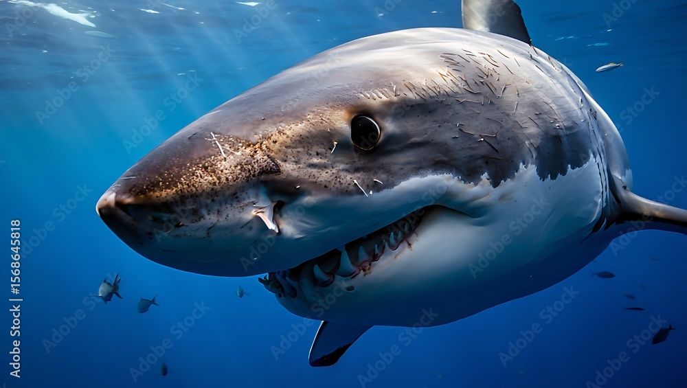 Naklejka premium Majestic Great White Shark Underwater Close-Up Oceanic Predator