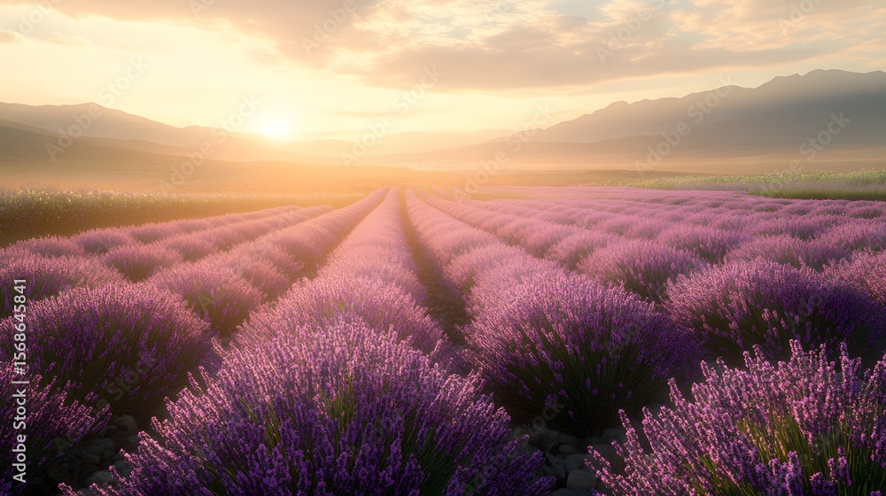 Fototapeta premium Aromatic lavender field under a golden sunset. Rows of vibrant purple flowers create a peaceful scene. Warm light enhances the beauty of the landscape, suitable for weather themes.