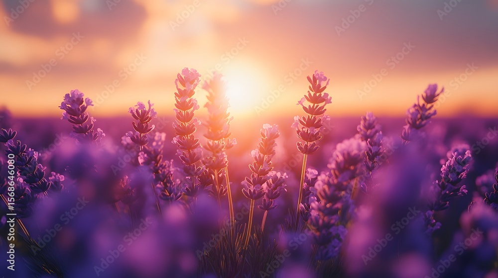 Naklejka premium A serene lavender field basks under a vibrant sunset. Warm hues paint the sky, creating a picturesque and tranquil scene with beautiful light. The weather theme evokes peace.