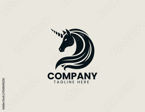 Elegant Unicorn Head Silhouette Mythical Magical Creature Vector Logo Design