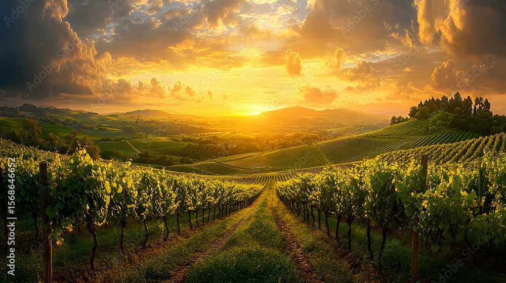 Fototapeta premium A vineyard basks in the warm sunset light, showcasing vibrant green grapevines and rolling hills. The serene weather and golden hour create a picturesque landscape, ideal for wine production.