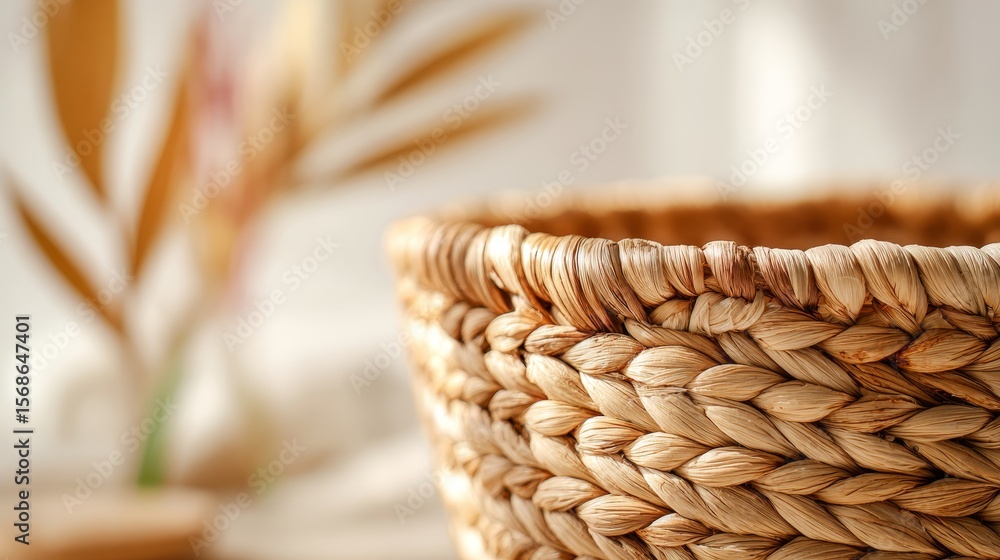 Fototapeta premium Woven rattan basket with natural fiber texture. Scandinavian style