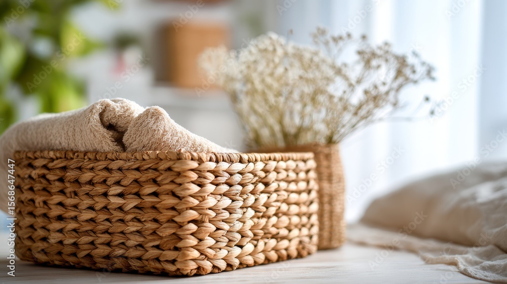 Obraz premium Woven rattan basket with natural fiber texture. Scandinavian style
