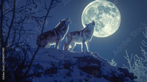Wallpaper Mural A high-quality AI-generated image of wolves howling under a full moon for commercial use. Torontodigital.ca
