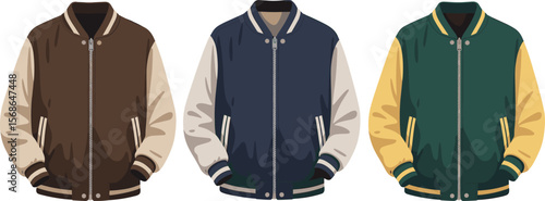 Stylish Varsity Jacket Vector Collection in Various Color Combinations, Front View, Ideal for Sportswear, Streetwear, and Apparel Design Mockups.