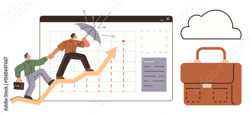Two individuals climb an upward arrow representing growth, with one shielding from challenges using an umbrella. Background screen with data charts, briefcase, and cloud emphasize business progress