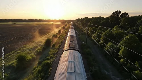 AI-generated scene of a train moving through misty rural fields at sunrise