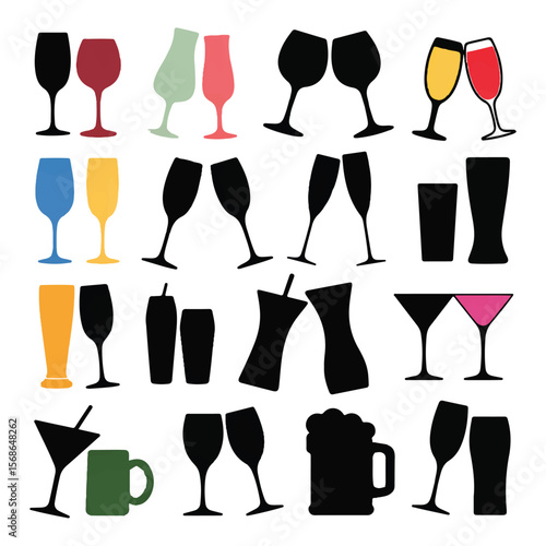 Collection of colorful and black silhouette drinkware including wine glasses champagne flutes beer glasses and cocktails