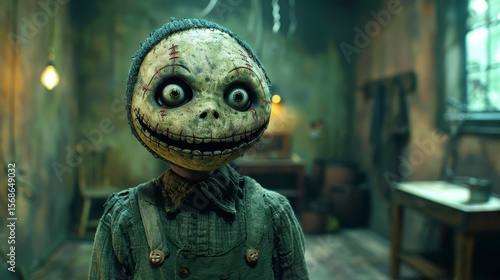Grotesque stitched mask on a child. Dark, surreal. Room background