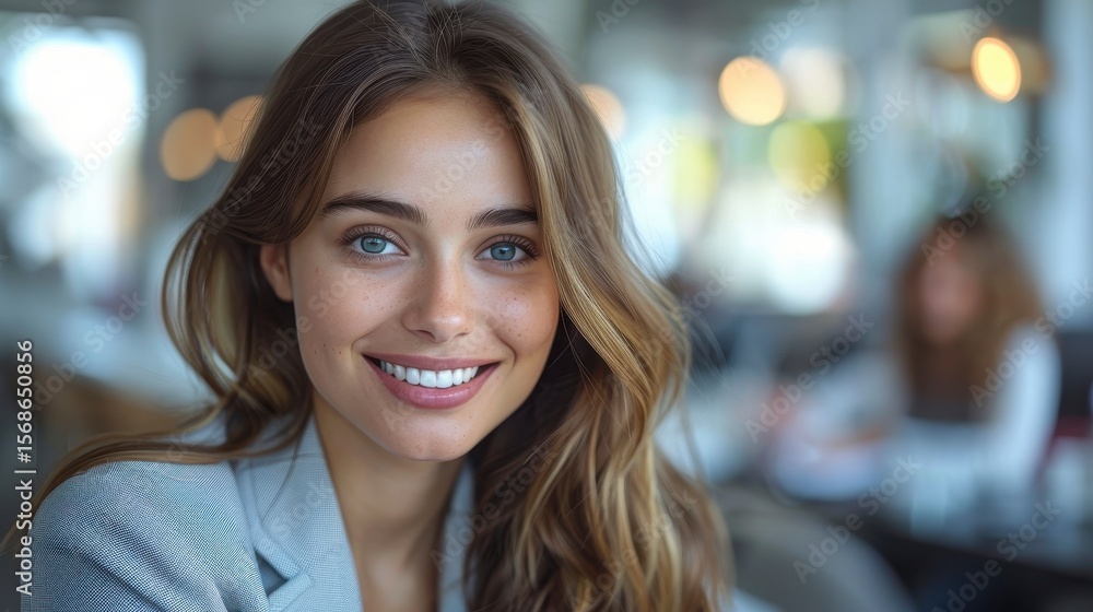 custom made wallpaper toronto digitalSmiling woman with wavy brown hair and blue eyes poses in a blurred cafe interior