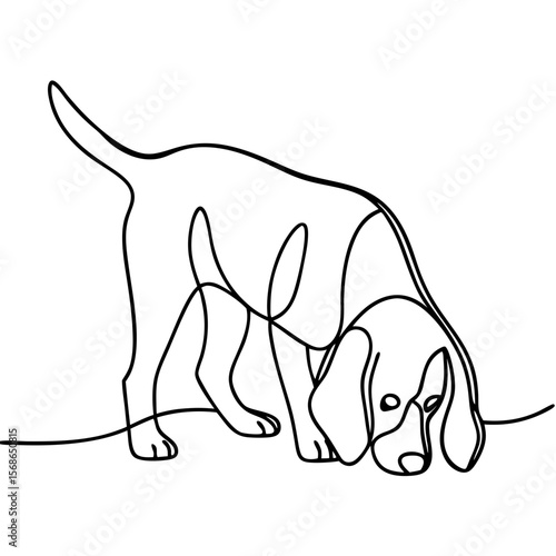 Beagle sniffing ground, a single continuous line drawing of cute dog. Beagle depicted in minimalist style, an artistic rendering with pure line art and simple contour.