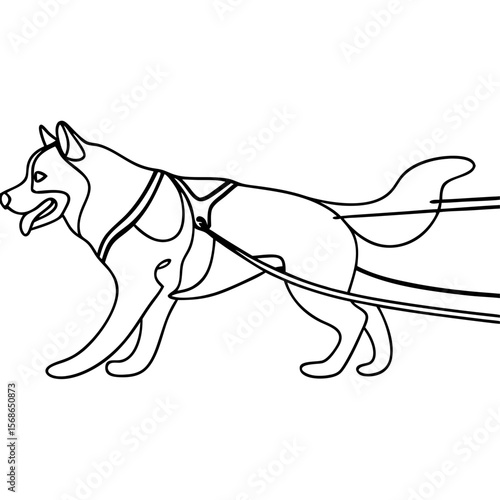 Alaskan malamute pulling sled represented in minimalist line art style, showcasing animal in motion. Alaskan malamute pulling sled drawing illustrates grace and power of sled dog in winter activities.