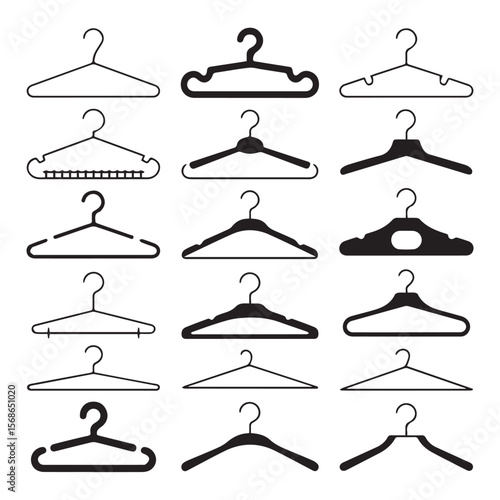 Collection of diverse clothing hangers in black and white outlines and solid silhouettes on a white background