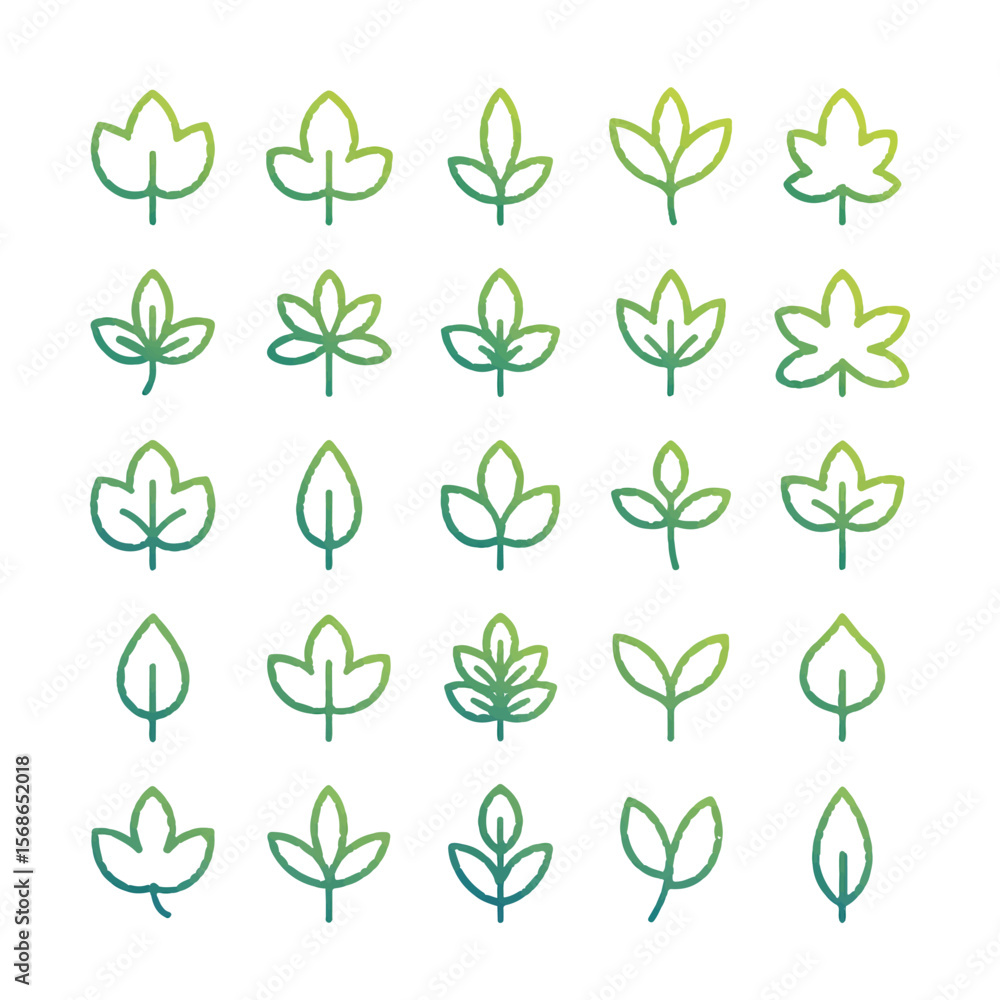 Fototapeta premium Collection of diverse leaf icons with a green to blue gradient outline on a white background